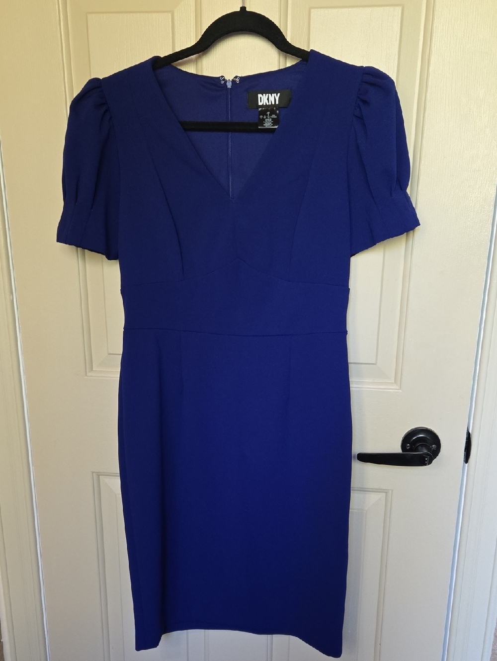 DKNY Sapphire Blue Sheath Dress – Pouf Sleeve | Scuba Crepe | Size 6